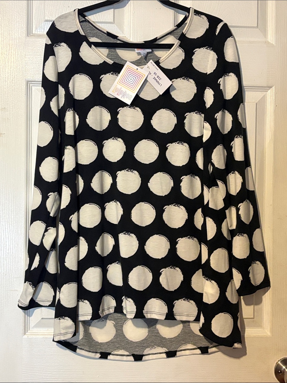 LuLaRoe Black Long Sleeve Top with White Polka Dots